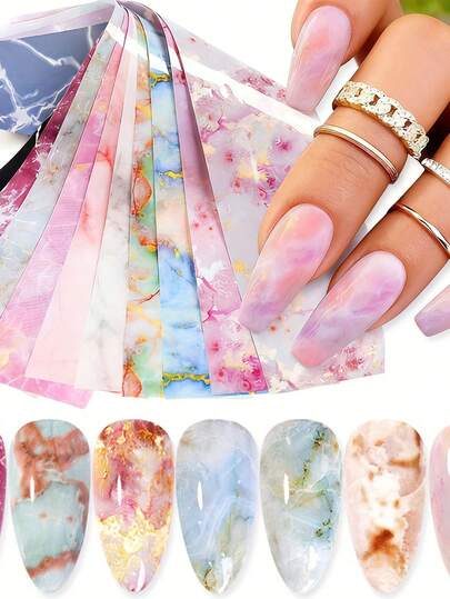 Bộ 10 miếng dán móng tay, họa tiết bầu trời sao và vân đá cẩm thạch, thích hợp cho phụ nữ và bé gái tự trang trí móng tay.