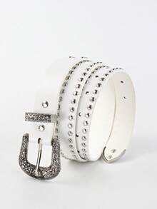 1 pieza Cinturón de cuero negro estilo vaquero americano retro para hombre, hebilla con remaches plateados en relieve de doble hilera y acabado envejecido, ideal para ropa urbana, conciertos, festivales, uso diario y como regalo. - Puntos - Ver 4