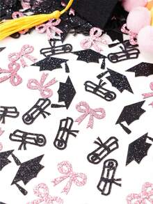 100pcs Pink And Black Bow Graduation Cap Confetti - Glitter Celebration Graduation Party Table Decor Confetti - Suitable For Congratulating Graduates, 2026 Bow Theme Graduation Party Table Decor Confetti - View 4