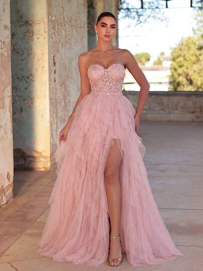 Faeriesty 女士无肩带蕾丝贴花多层薄纱正式礼服，修身及地长款礼服