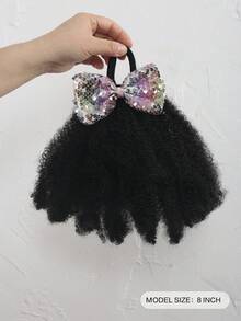 Synthetic 8inch Kinky Curly Ponytail With Shiny Bow Drawstring Tie Straps Ponytail Hairpiece For Kids 1pc - Black - View 3