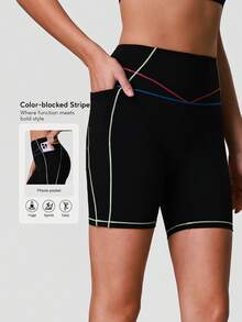 Sodalemon Quần short thể thao nữ phối màu tương phản, kẻ sọc, có túi bên hông, nâng mông, co giãn, thích hợp cho yoga, hoạt động ngoài trời. - màu đen - Xem 3