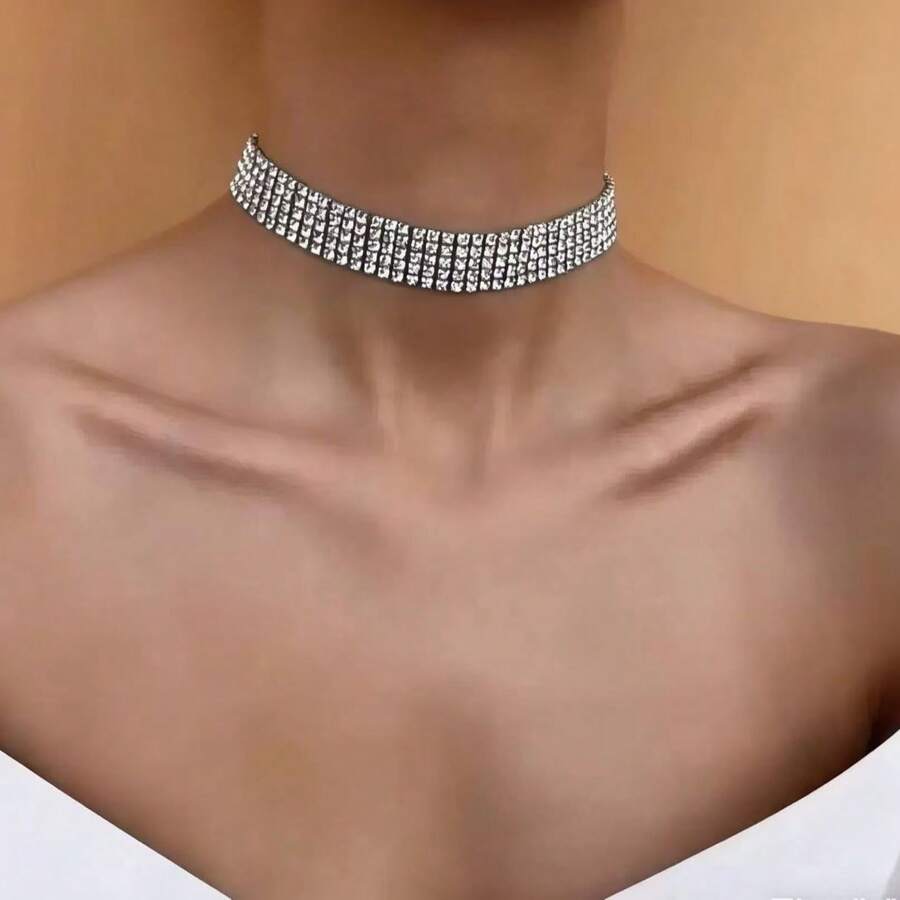 1件闪亮水晶多排个性化嘻哈晚宴水晶项链，派对短项链 - 銀色 - 查看 1