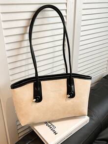 1个绗缝拉链PU纯色保龄球包，大容量手提包，新款时尚质感单肩包，复古风腋下通勤包，适合女性日常使用，学生书包 - 米色 - 查看 7