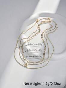 3-Layer Stacked Paper Clip Chain, Heart Shaped Cubic Zirconia Pendant Necklace Set - Yellow Gold - View 4