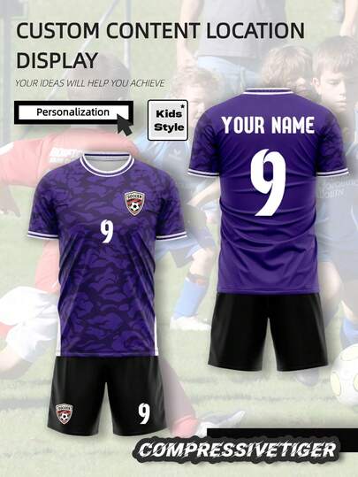 2pcs/Set Personalized Football Jersey For Toddler Boys - Customizable Name & Number Print Striped Decor Short Sleeve T-Shirt + Shorts Set, Quick-Dry Sports Outfit, Suitable As Gift