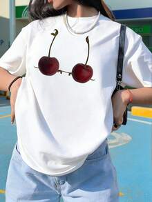 女士宽松透气樱桃印花短袖T恤，吸睛单品，适合夏季音乐节、滑板出行、朋友聚会和假日旅行，休闲白色 - 白色 - 查看 5