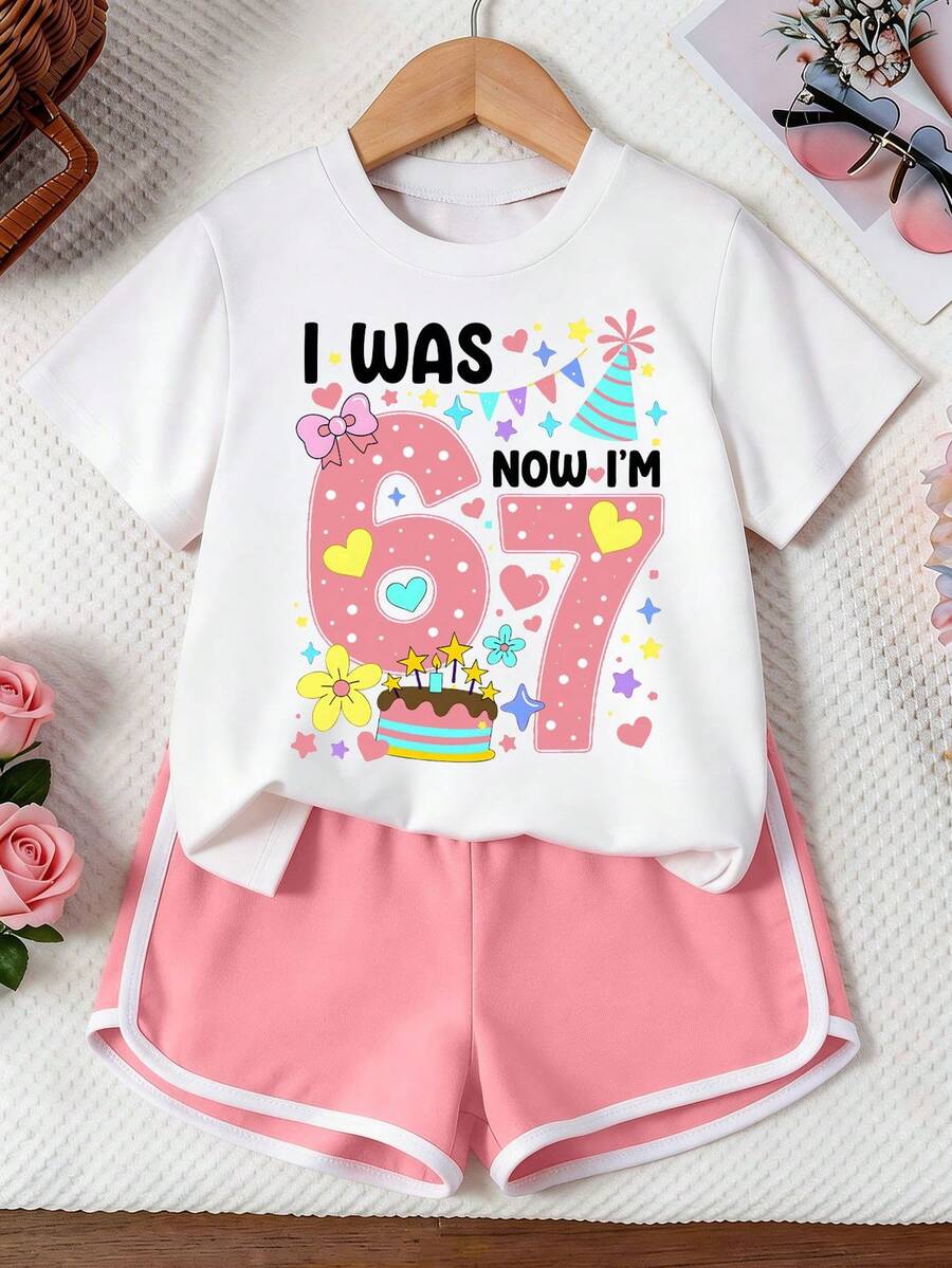 2pcs/Set Sweet Style Number 67 Cake Candle Print Outfit, Loose Soft Short Sleeve Top + Shorts, Suitable For Home, Air-Conditioned Room And Outdoor Wear - White - View 1