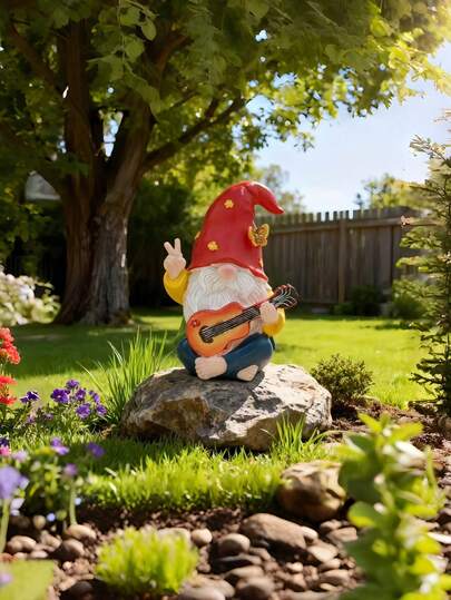 1pc Charming Resin Guitar Playing Gnome Statue, 1pc Hippie Style Garden Gnome, 1pc Outdoor Garden Gnome Decor With Peace Sign, Suitable For House, Lawn, Yard And Porch, Ideal Gift For Friends And Family