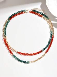 1 Set Sexy Fashionable European & American Middle Eastern Bohemian Green Chain Clasp, Orange-Red Chain Clasp, Gold Chain Clasp, Double-Layer Necklace, Women Jewelry, Can Be Purchased Individually Or As A Set, Minimalist Luxury Suitable For Any Outfit, Suitable For Women's Daily Wear, Valentine's Day, Thanksgiving, Gifts For Friends And Family - Multicolor - View 10
