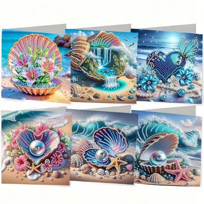 6pcs/Set DIY Diamond Painting Kit, Birthday Card Set, Unique Ocean Shell Series Pattern Design, Diamond Art Mosaic Postcard, Suitable For Holiday, Birthday, Mother's Day, Great Gift For Family, Friends And Lovers, Handmade Craft