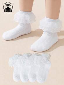 4 pares de calcetines de encaje de princesa de unicolor y volantes, versátiles para fiestas, de algodón puro - Blanco - Ver 5
