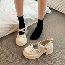 Zapatos pequeños con Cabeza Redonda y suela gruesa nueva princesa francesa de boca poco profunda en primavera zapatos de dama con tacones gruesos y zapatos individuales con lazo, Zapatos mocasines de mujer - Beis - Ver 2