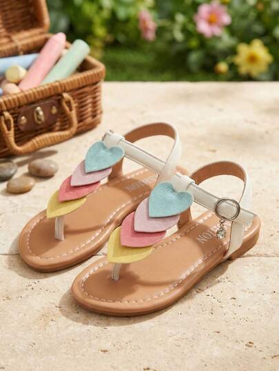 Kids 2026 New Summer Sandals For Girls, Rainbow Heart Decor Flat Sandals With Crystal Buckle, Non-Slip Soft Sole Beach Shoes