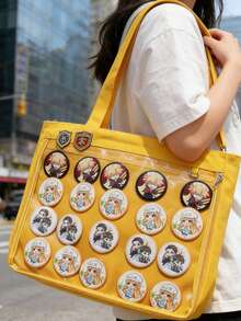 Kawaii Japanese Style Single-Sided Canvas Ita Tote Bag, Multi-Way Shoulder Handbag For Anime Pins - 黃色 - 查看 3
