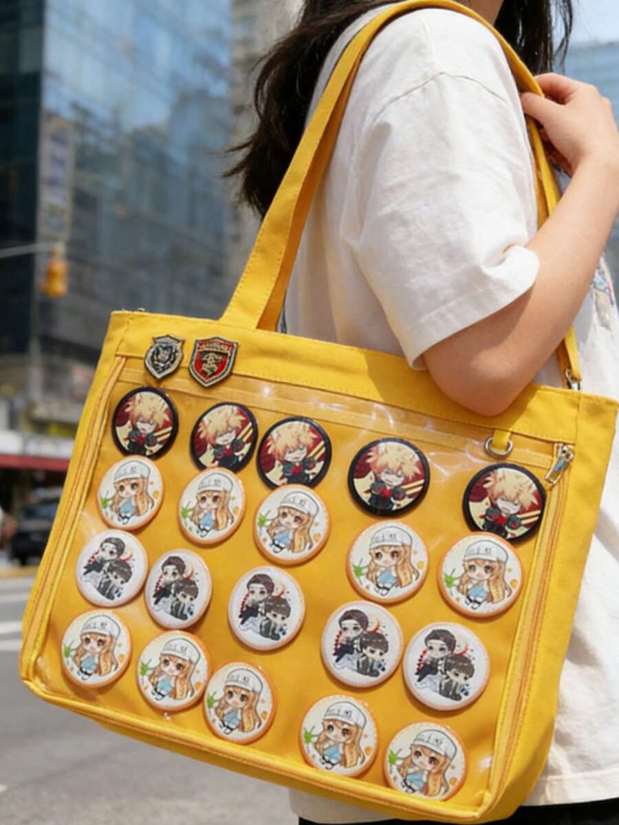 Kawaii Japanese Style Single-Sided Canvas Ita Tote Bag, Multi-Way Shoulder Handbag For Anime Pins - Yellow - View 1