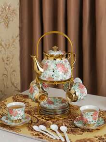 20-Piece Porcelain Tea Set With Metal Stand - Elegant European Floral Tea Cups & Saucers Set, Gold-Trimmed Coffee Service W/ EPS Foam Packaging, Stackable Porcelain Cups & Saucers For Afternoon Tea Gift - 款式2 - 查看 1