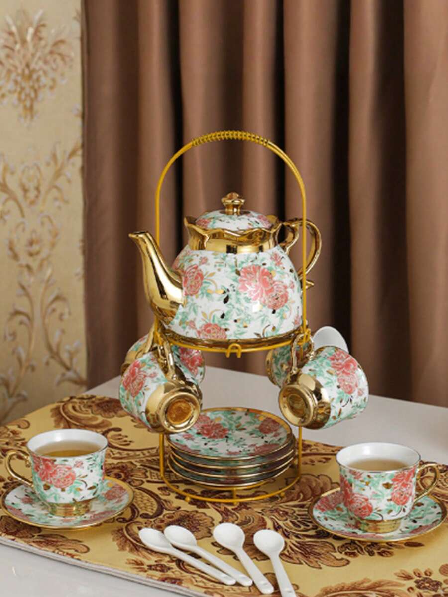 20-Piece Porcelain Tea Set With Metal Stand - Elegant European Floral Tea Cups & Saucers Set, Gold-Trimmed Coffee Service W/ EPS Foam Packaging, Stackable Porcelain Cups & Saucers For Afternoon Tea Gift - 款式2 - 查看 1