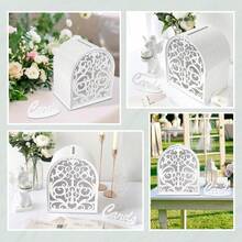 1 pieza Caja de tarjetas de boda, caja de regalo de diseño hueco único con cerradura y ranura para sobres, caja de madera hueca DIY para recepción de boda, aniversario, fiesta de cumpleaños - Blanco - Ver 8