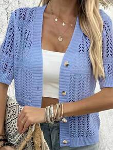 Áo khoác cardigan dệt kim tay ngắn thời trang thường ngày mùa hè dành cho nữ cỡ lớn. - Màu xanh lam - Xem 4