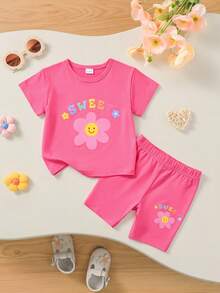 2 Stücke/Set Baby Mädchen Lässig Fuchsia Kurzarm Rundhals Bedrucktes T-Shirt + Elastischer Taille Floral Bedruckte Shorts - Pink - Übersicht 1