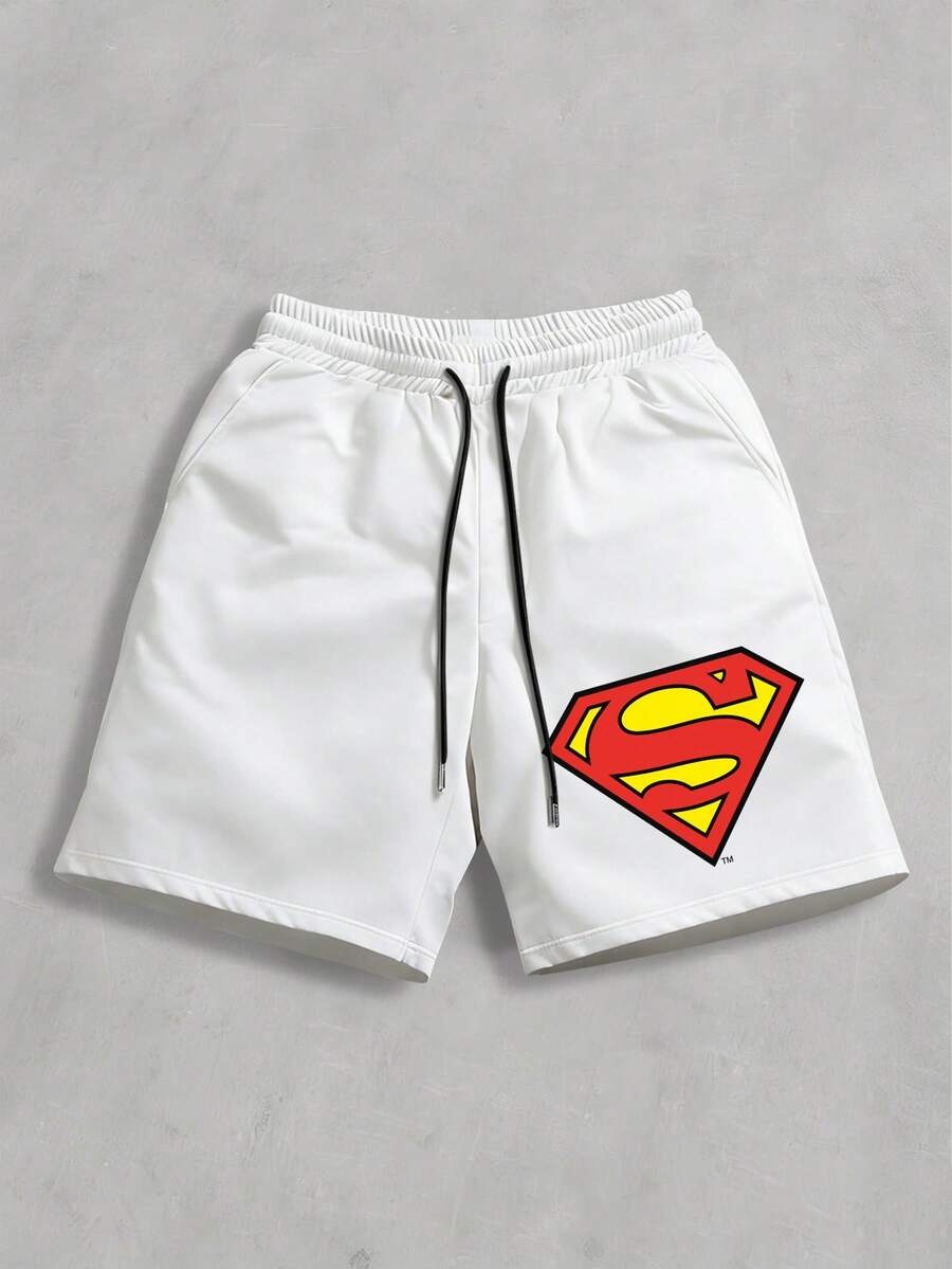 Strevion SUPERMAN Short de sport décontracté à imprimé graphique de super-héros ample pour hommes, été - Blanc - Voir 1