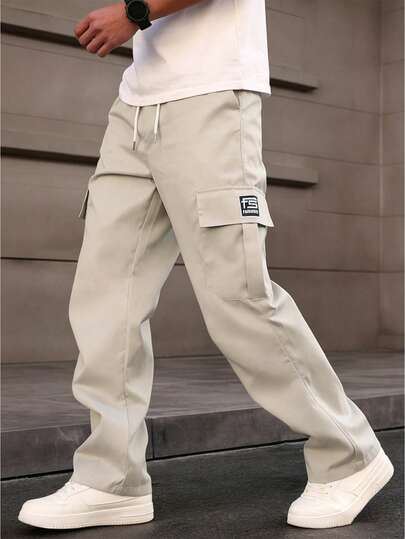 男士时尚工装裤，多口袋直筒裤型，松紧腰带，宽松纯色，单侧刺绣Logo，训练运动工装裤