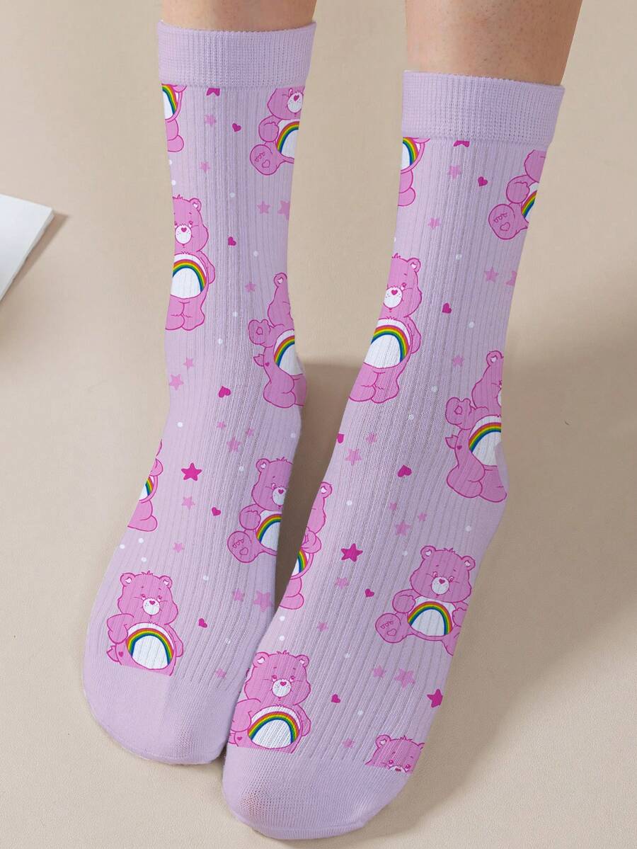 CARE BEARS 1双女士个性化袜子,360度数码印花,图案包括可爱的欢呼熊、许愿熊、爱心熊、天使熊、生气熊等,时尚简约,适合日常穿着及毕业/生日礼物。 - 彩色 - 查看 1