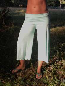 Women Y2K Fold Over Loose Fit Capri Pant Leg Cropped Flowy Cotton Gaucho Pants Comfy Casual Yoga Coluttes Pajama Bottom Soft Comfortable Cropped Trouser Lounge Sleepwear Bottoms - 水鴨藍 - 查看 2