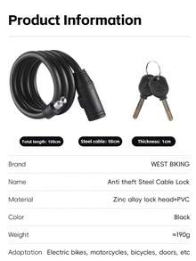 WEST BIKING 1件装自行车锁，10毫米加厚钢缆防盗，防水PVC包裹，适用于公路自行车和山地自行车 - 彩色 - 查看 3