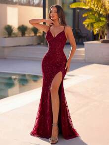 ADYCE 女士优雅亮片刺绣吊带镂空高腰高开衩露背系带礼服，适合舞会、婚礼宾客、返校节、约会之夜、正式晚宴、生日派对、节日派对、家庭聚会、新年等各种场合，也适合情人节和春季穿着。 - 酒紅色 - 查看 3