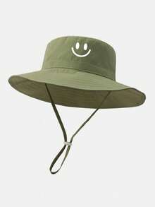 1顶儿童可爱笑脸印花渔夫帽，宽檐遮阳帽，带可调节下巴带，透气防晒帽，适合幼儿男童 - 1PC - 查看 21