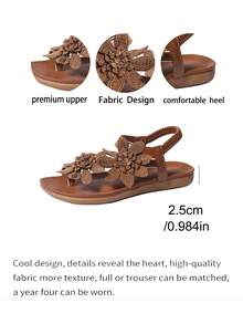 Sandal nữ họa tiết hoa - Thân giày bằng chất liệu tổng hợp màu trơn, mũi hở, quai cổ chân có thể điều chỉnh, gót thấp và đế cao su chống trượt, phù hợp với trang phục mùa hè thường ngày, sandal nữ, giày đi biển. - Lạc đà - Xem 4