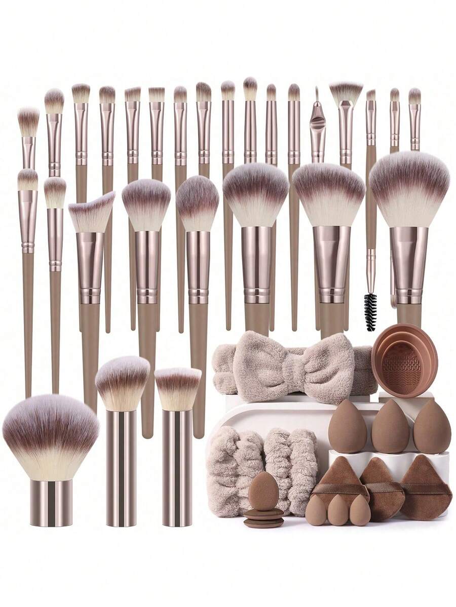 44PCS Makeup Tools Set Including:28PCS Makeup Brush Set+1pc Hairband+1pc Makeup Brush Cleaning Tools+3PCS Makeup Sponges+2PCS Hand Bowl Strap+3PCS Triangle Powder Puffs+3PCS Mini Makeup Sponges+3PCS Mini Air Cushion Powder Puffs,All-In-One & Beginner-Friendly | Travel-Ready & Gift-Ready | Perfect For Newbies/Her - Multicolor - View 1