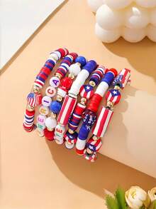 7件套美国国旗爱国主题吊坠手链套装，手工红白蓝串珠首饰，青少年及女性礼物，可叠戴庆祝手链 - 多色 - 查看 2