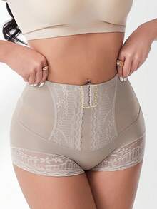 Panty de compresión alta con cierre delantero para mujer, moldeador de cintura, decoración de encaje - Caqui - Ver 7