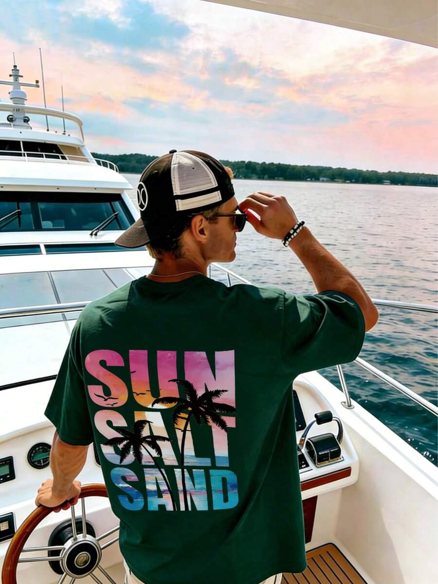 Kaos Lengan Pendek Pria Terbaru Gaya Liburan Pantai dengan Motif Huruf dan Pohon Palem - Dark Green - View 1