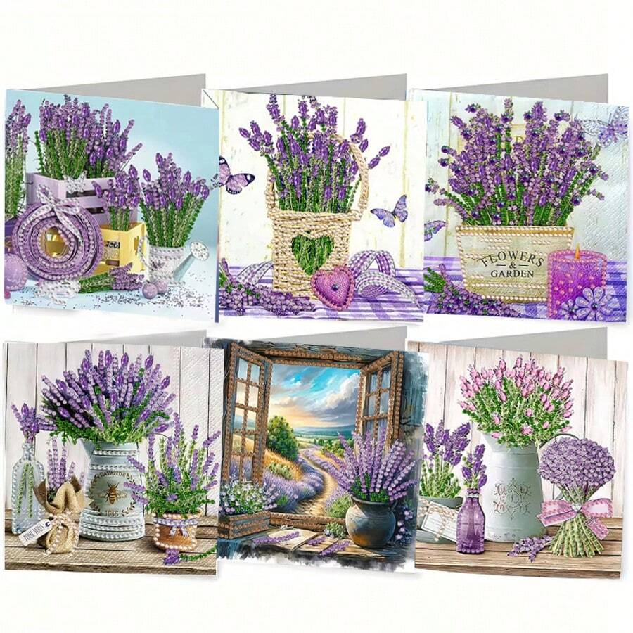 6 peças/Conjunto Kit de Pintura de Diamante DIY, Design de Padrão Único de Lavanda, Mosaico de Arte de Diamante Cartão Postal, Adequado para Aniversário, Feriado, Dia das Mães, Ótimo Presente para Família, Amigos e Amantes
