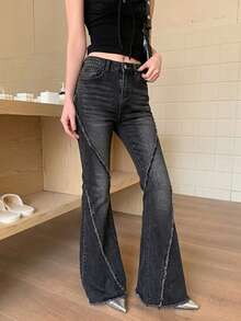 High Waist Flare Leg Slim Fit Fringed Casual Women Jeans, Solid Color, All Season - Black - View 9