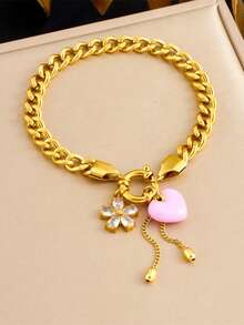 1件女士不锈钢花朵和心形吊坠手链，配链，防水防褪色，适合日常佩戴 - 手鍊 - 查看 2