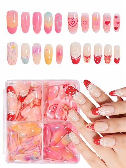 120Pcs (4 Mixed Designs) Y2K Sweet Press On Nails, French Lace Pink Gradient Heart Bow Oval Short Acrylic Fake Nails, Suitable For Summer Nails, Cute False Nails Set For Women Girls Daily Wear & Party