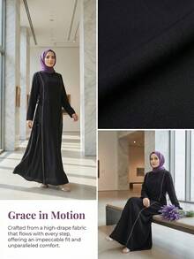 女士时尚水钻装饰宽松长袖立领连衣裙 - 黑色 - 查看 6