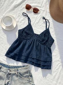 Teenager Mädchen Marineblau Spitze Crop Cami Top Stretch Lagen Camisole Top für Sommer Lässig Y2K Ästhetik Alltagskleidung (YY1300) - marineblau - Übersicht 6