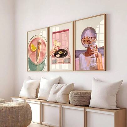 三联迪斯科球艺术海报鸡尾酒主题绘画海报女性挂画海岸风情墙面艺术美学墙面印刷品夏季壁画客厅墙面装饰无框