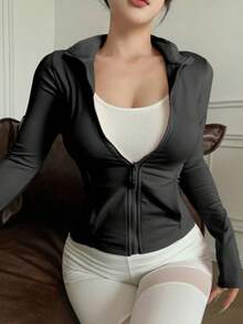 Women's Casual Zip-Up Sports Jacket, Regular Fit, Spring Women Coats - 黑色 - 查看 4