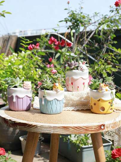 1pc Colorful Cute Cream Cake Shaped Succulent Planter, Funny Cartoon Animal Eating Cake Planter With Drainage Hole, Small Resin Plant Pot For Home Office Desktop Decor