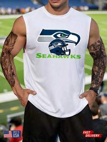 Men's Summer Streetwear Sleeveless T-Shirt Seattle Seahawks Football Team Logo Graphic Tank Top For Men Athletic Workout Shirt With Helmet And Bird Design White Color Sporty Casual Wear For Fans - trắng - Xem 1