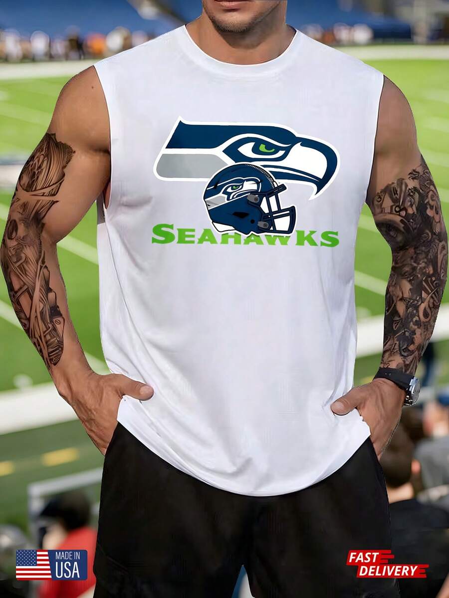Men's Summer Streetwear Sleeveless T-Shirt Seattle Seahawks Football Team Logo Graphic Tank Top For Men Athletic Workout Shirt With Helmet And Bird Design White Color Sporty Casual Wear For Fans - trắng - Xem 1