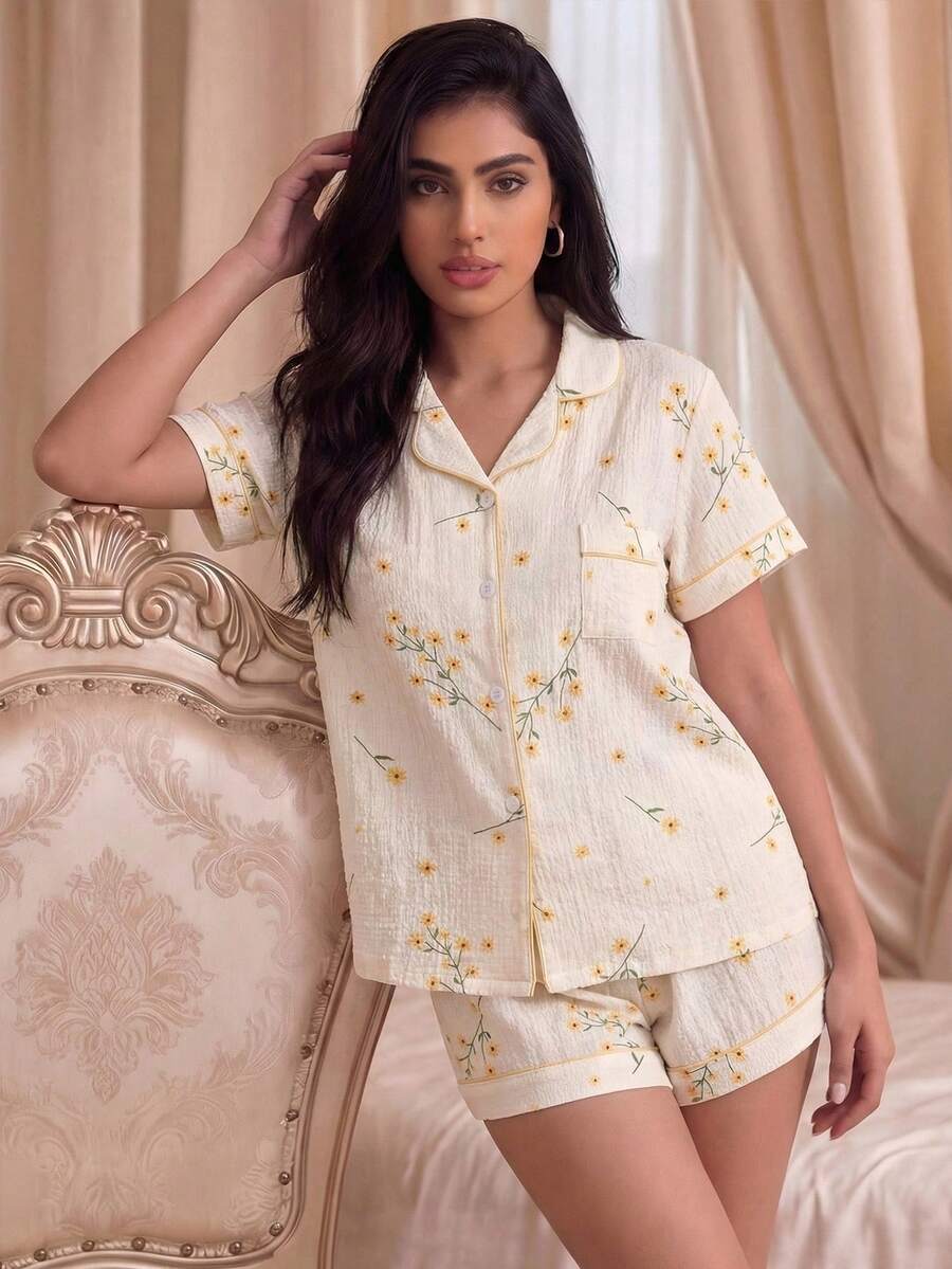 2件套女士花卉印花睡衣套装，夏季 - 杏色 - 查看 1