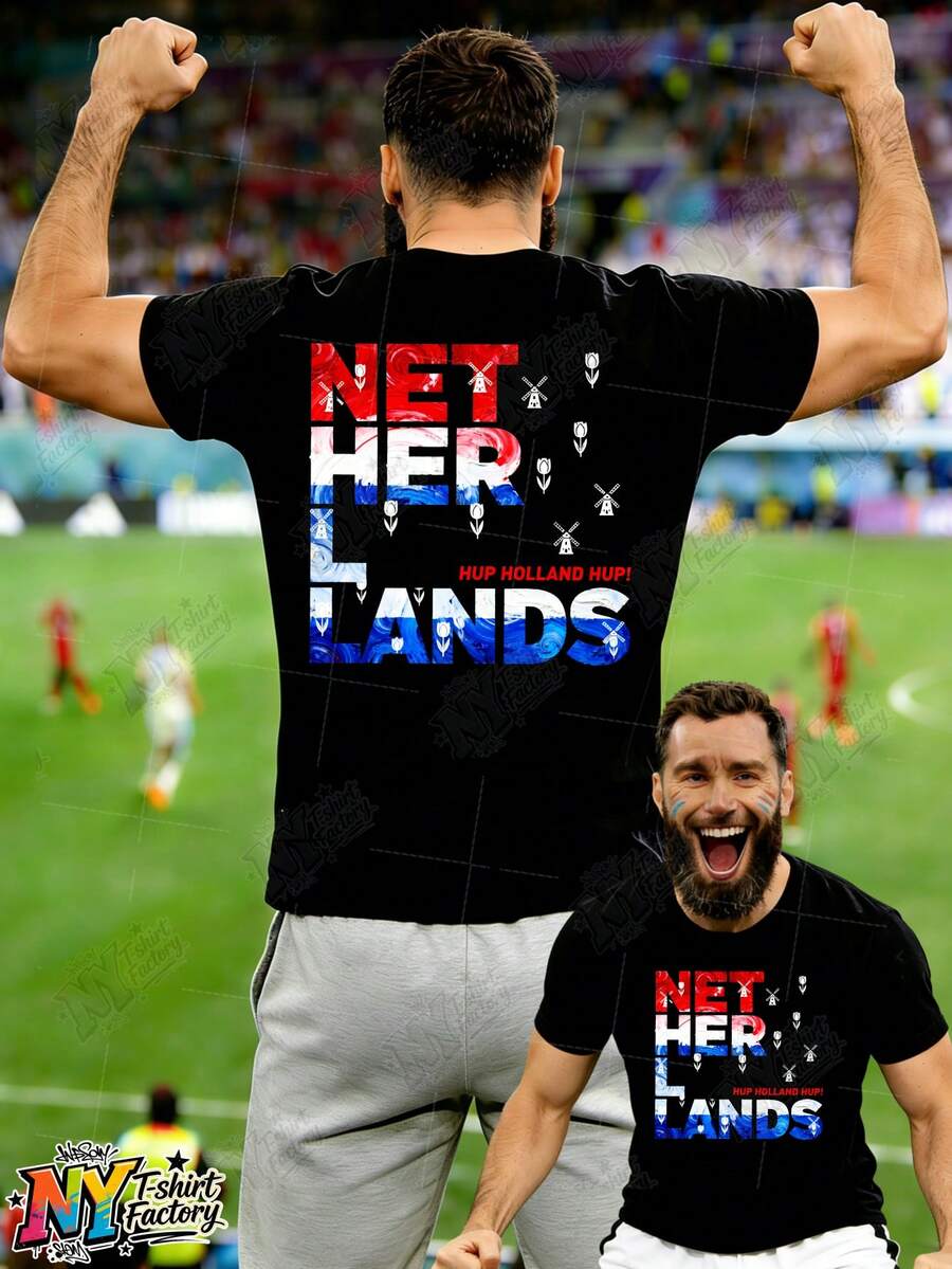 Camiseta de fútbol de Holanda para hombre, de manga corta, con estampado en la espalda que muestra los colores de la bandera de Holanda y "Net Her Lands". Camiseta de alta calidad para partidos de fútbol 2026. Nuevo estilo de regalo, ropa deportiva para fanáticos, perfecta para estadios y eventos de fiesta. - Negro - Ver 1